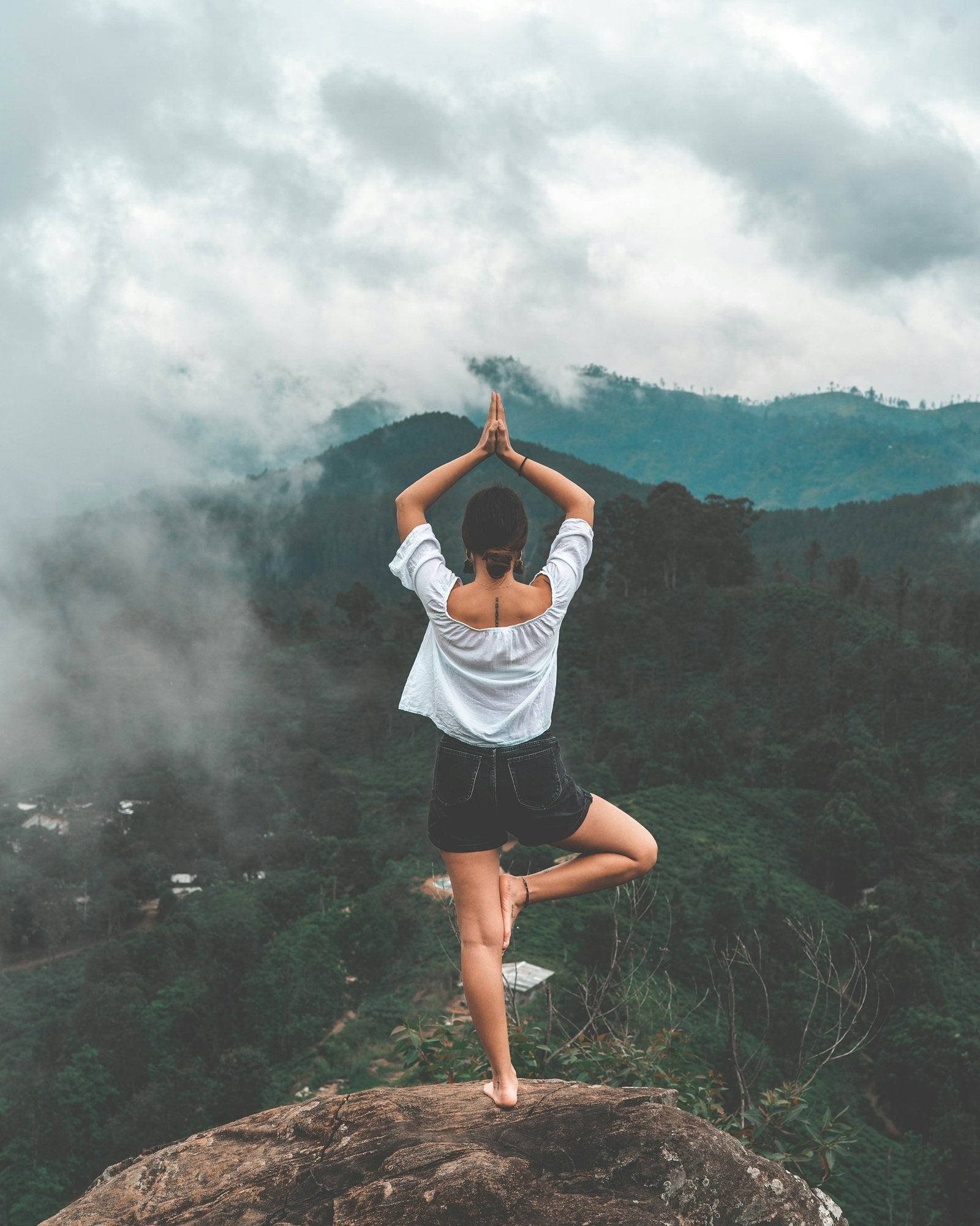 A woman in tree pose above a green valley